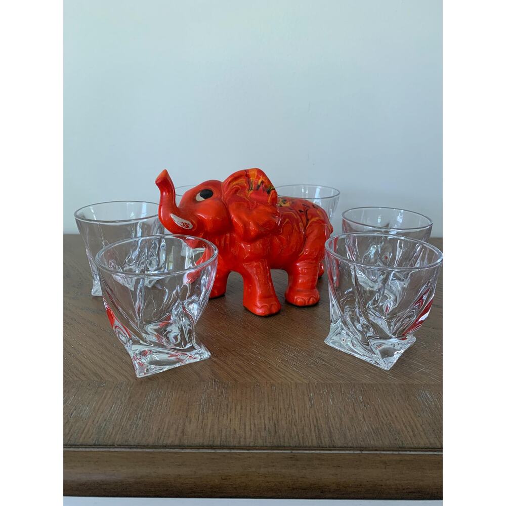 Vintage MCM Barware Set — 6 Mikasa Crystal Motion Glasses & Drip Glaze Elephant